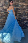 Blue A-line Strapless Tulle Multi-Layers Long Prom Dress
