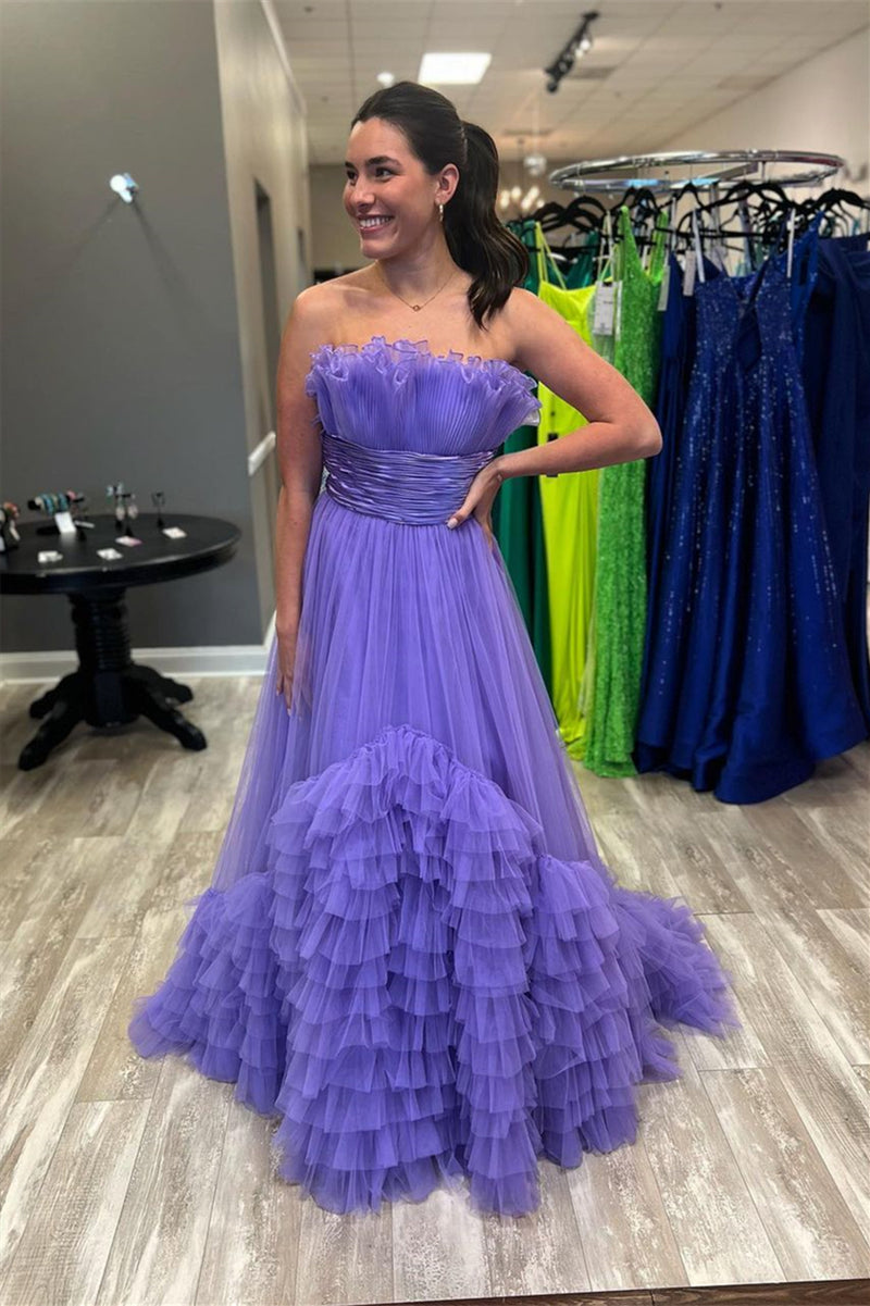 Lilac A-line Strapless Tulle Multi-Layers Long Prom Dress