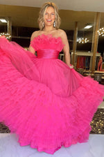 Fuchsia A-line Strapless Tulle Multi-Layers Long Prom Dress