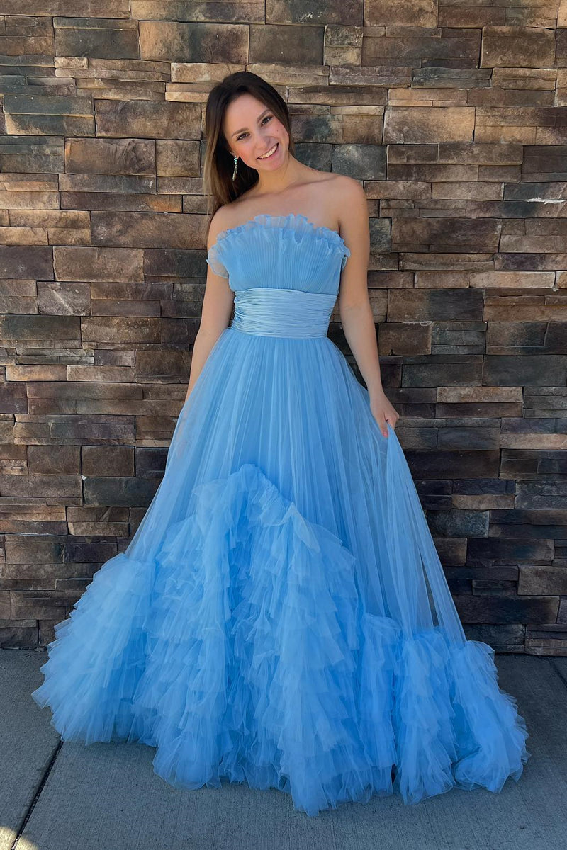 Blue A-line Strapless Tulle Multi-Layers Long Prom Dress