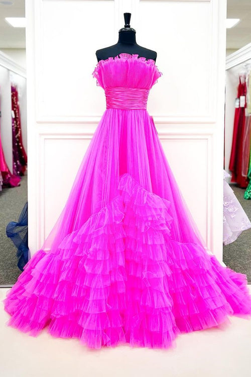 Fuchsia A-line Strapless Tulle Multi-Layers Long Prom Dress