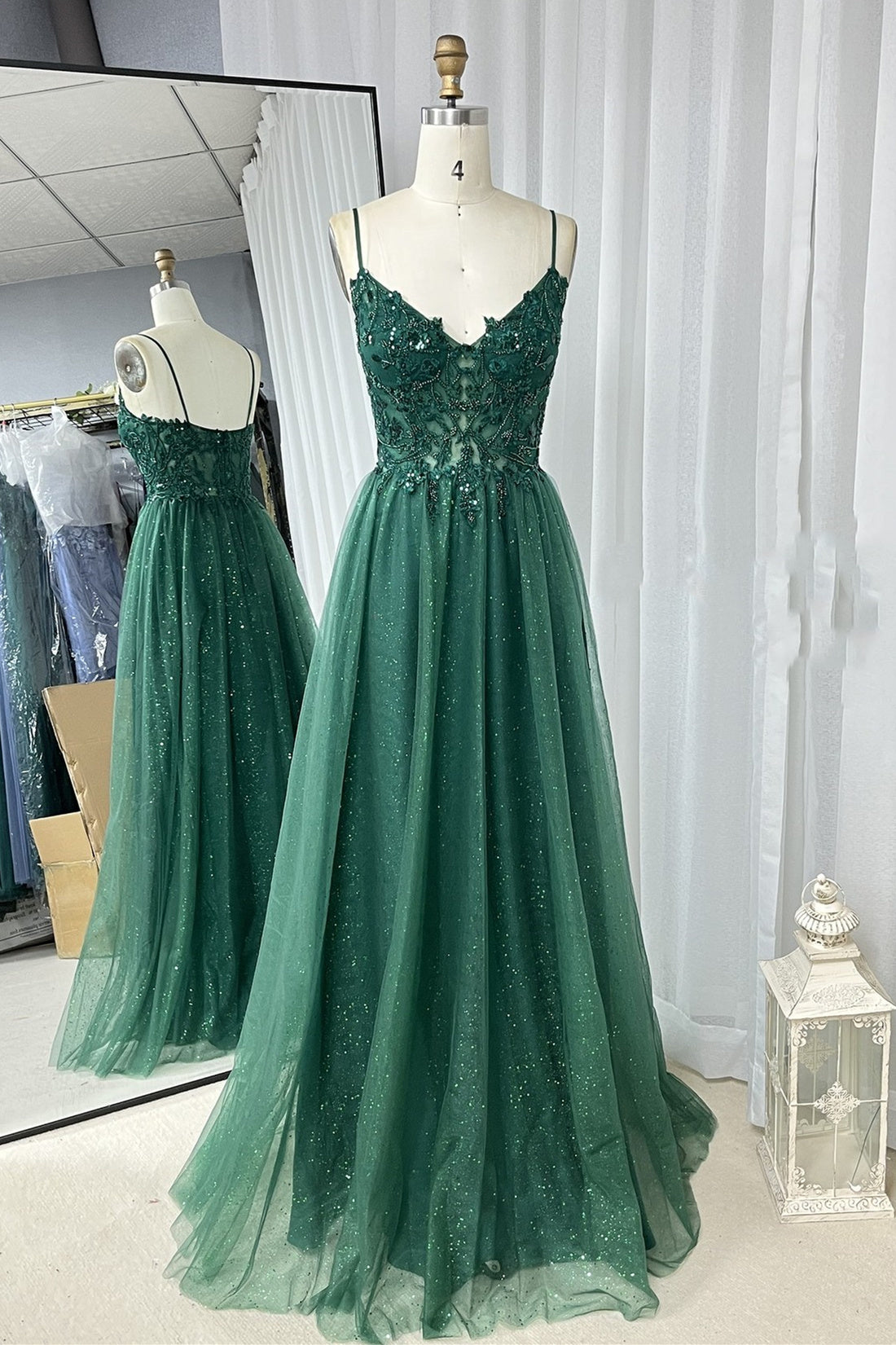 Hunter Green A-line Beaded Applique Straps Tulle Long Prom Dress FancyVestido Hunter Green A-line Beaded Applique Straps Tulle Long Prom Dress FancyVestido