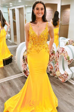 Marigold Mermaid V-Neck Straps Long Prom Dress with Appliques