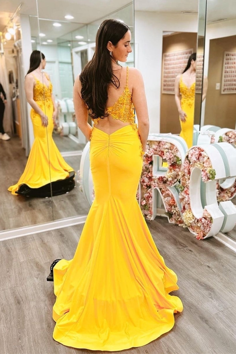 Marigold Mermaid V Neck Beaded Appliques Flower Straps Long Prom Dress