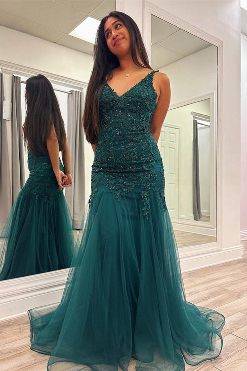 Peacock Mermaid V Neck Beaded Appliques Flower Straps Tulle Long Prom Dress