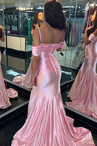 Pink Mermaid Off-the-Shoulder Beaded Satin Pleated Long Prom Dress