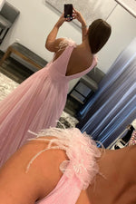Feathers Backlesss Pink Plunging V-Neck Tulle Long Formal Dress