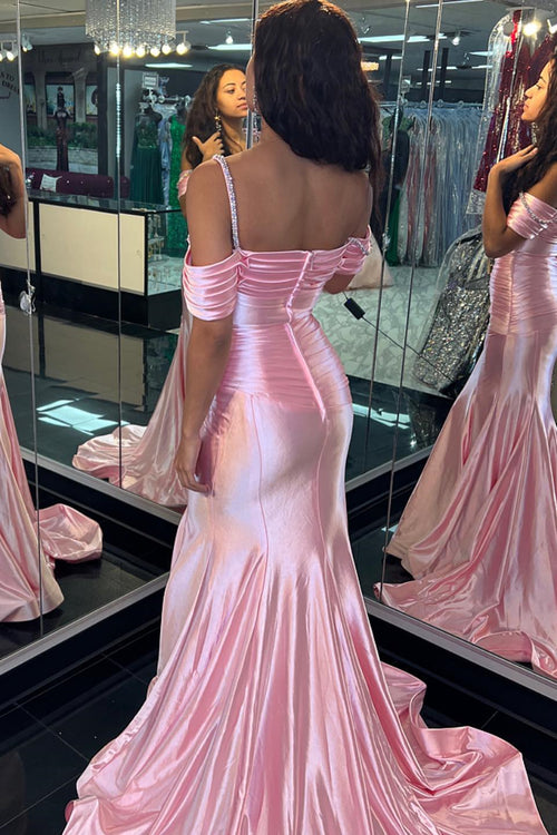 Pink Mermaid Off-the-Shoulder Beaded Satin Pleated Long Prom Dress