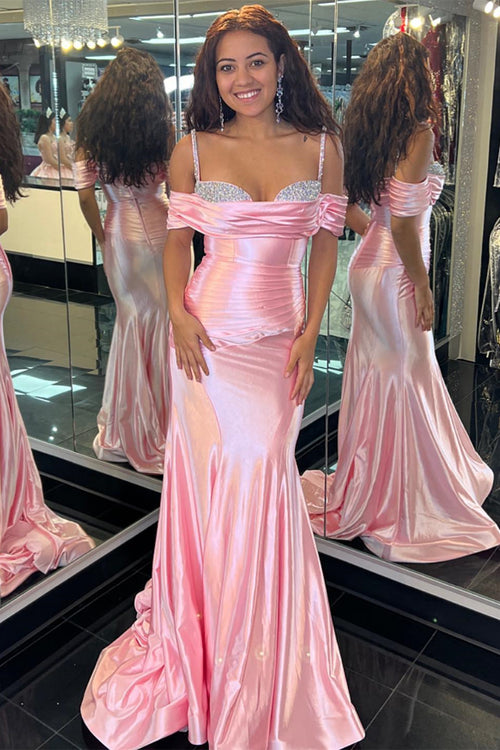 Pink Mermaid Off-the-Shoulder Beaded Satin Pleated Long Prom Dress