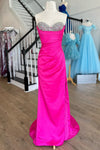Pleated Fuchsia Sweetheart Beaded Satin Long Prom Dress
