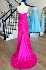 Fuchsia Mermaid Strapless Beaded Satin Pleated Long Prom Dress with Slit