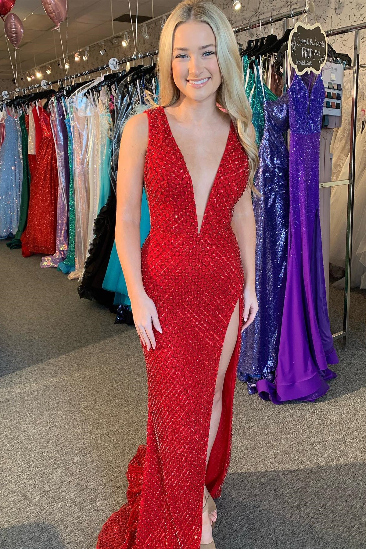 Red Mermaid Plunging V Neck Sleeveless Beaded Long Prom Dress with Slit