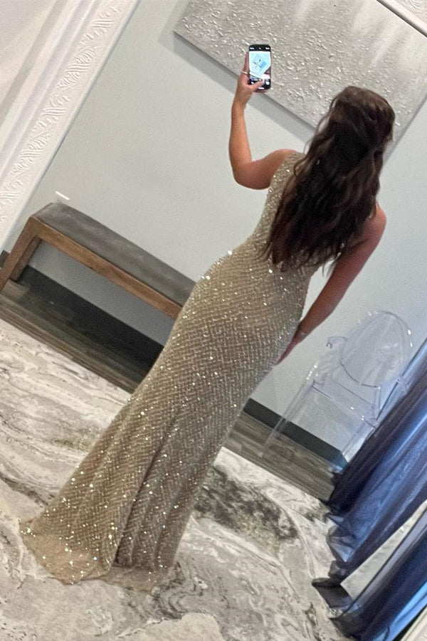 Silver Mermaid Plunging V Neck Sleeveless Beaded Long Prom Dress with Slit
