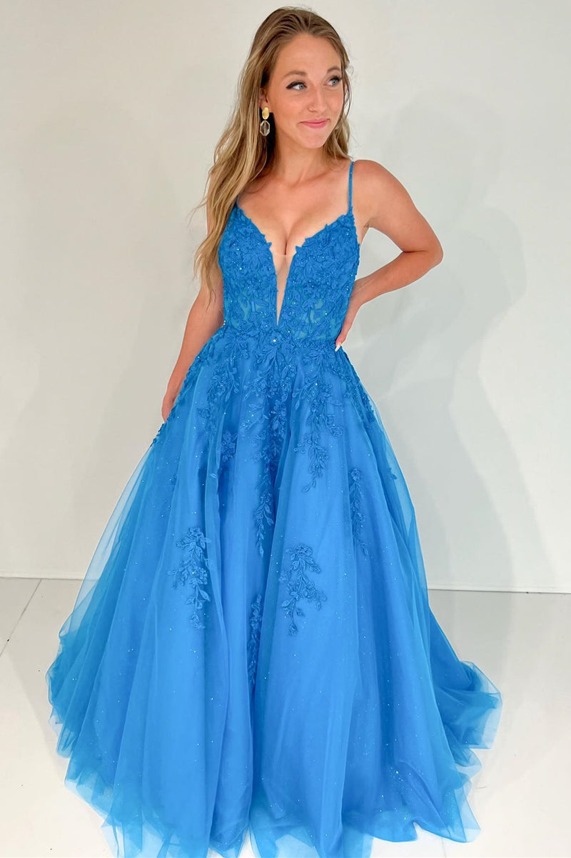 Blue A-line Plunging Neck Straps Long Prom Dress with Appliques