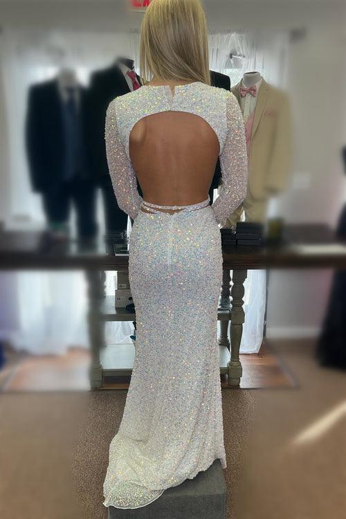 White Sequins Mermaid Long Sleeves Cut-Out Long Prom Dress