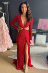 Red Beaded Plunging NeckLong Cut-Out Long Prom Dress with Sleeves