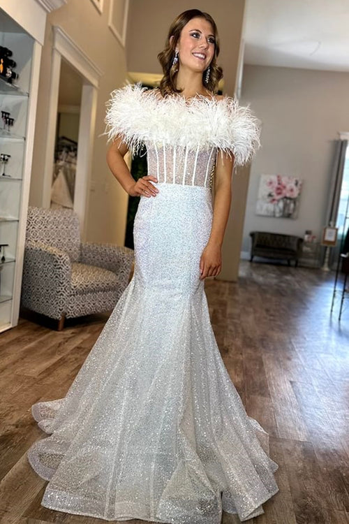 White Mermaid Strapless Feathers Boning Sequins Long Prom Dress