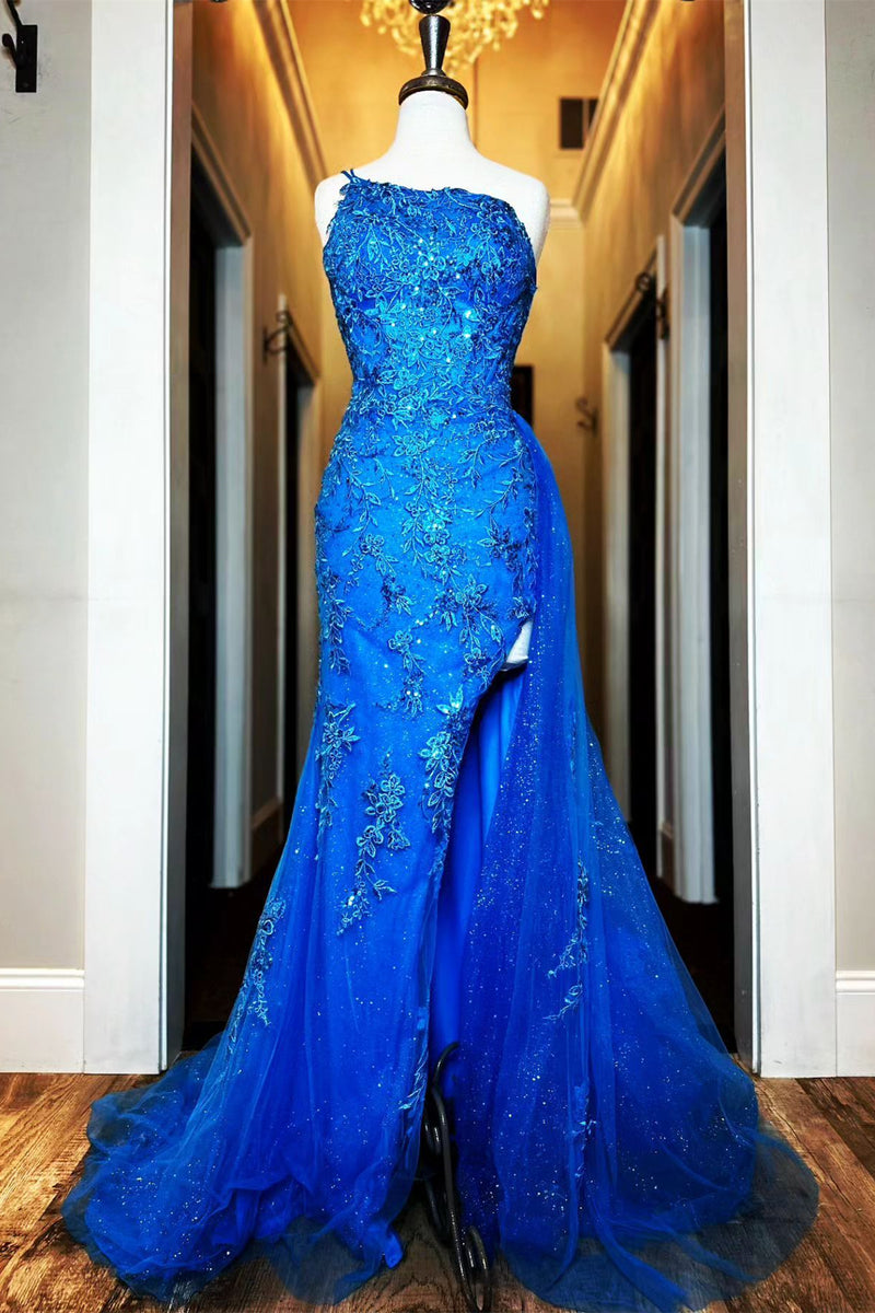 cRoyal Blue Mermaid One Shoulder Beaded Appliques Long Prom Dress with Slit