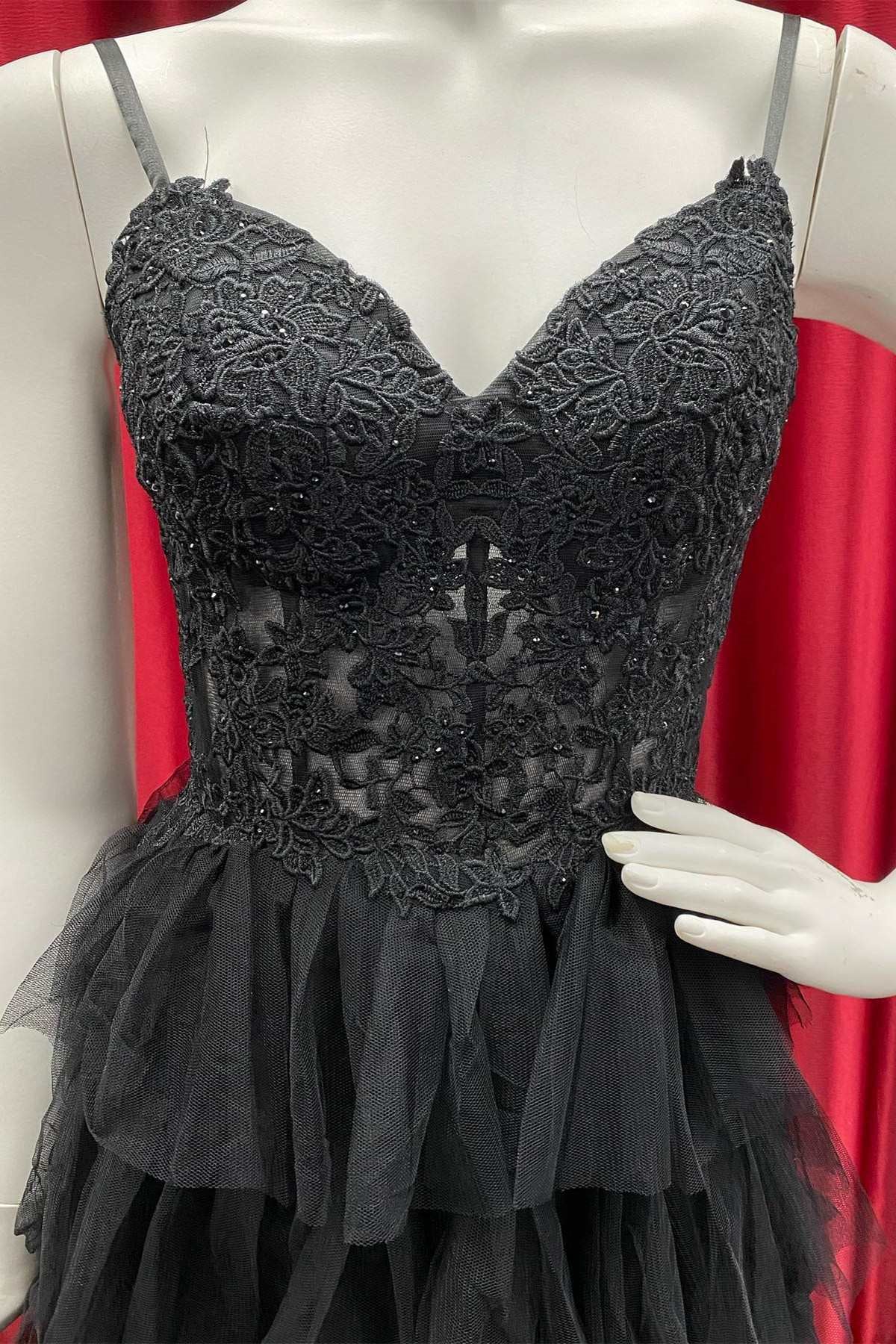 Black V Neck Straps Beaded Appliques Multi-Layers Keyhole Long Prom Dress