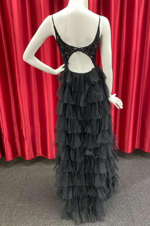 Black V Neck Straps Beaded Appliques Multi-Layers Keyhole Long Prom Dress