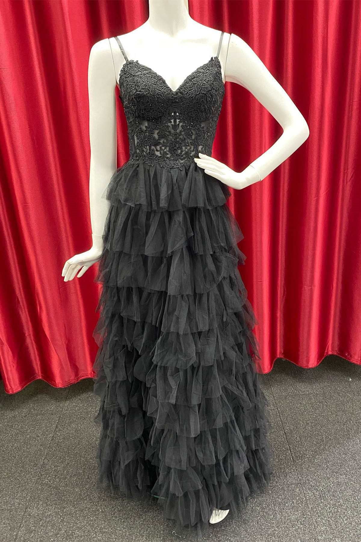Black V Neck Straps Beaded Appliques Multi-Layers Keyhole Long Prom Dr –  FancyVestido