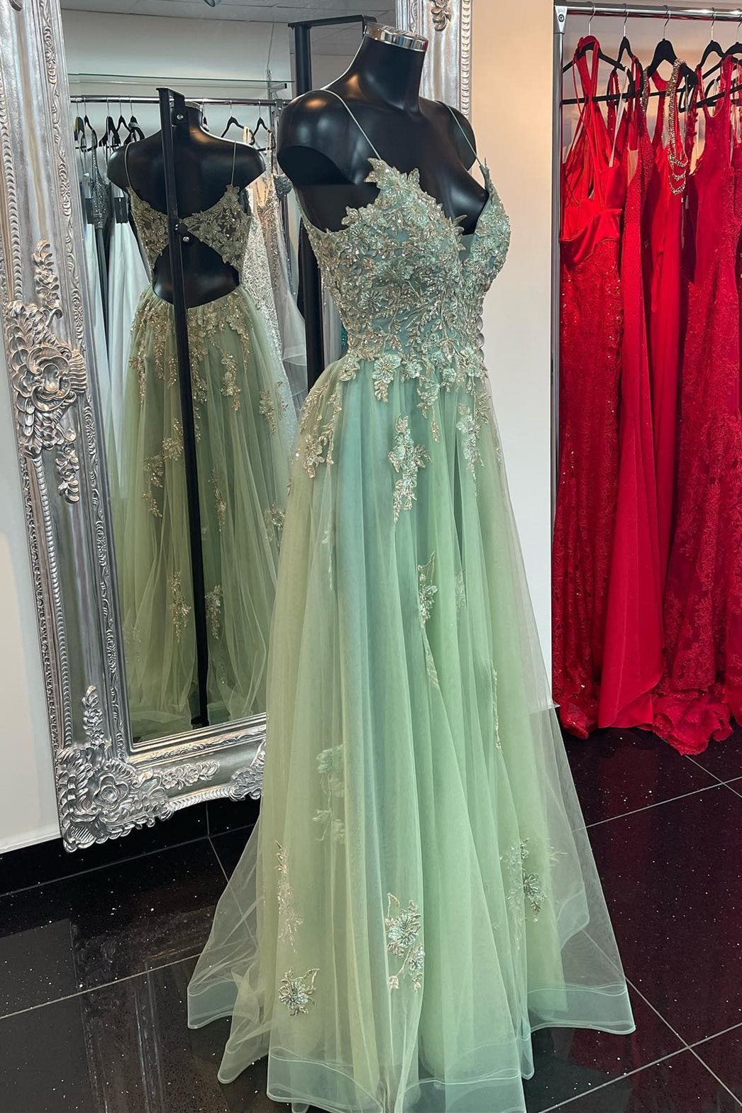 Dusty Sage V Neck Straps Beaded Appliques Keyhole Long Prom Dress with Slit