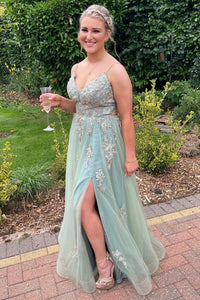 Dusty Sage V Neck Straps Beaded Appliques Keyhole Long Prom Dress with Slit