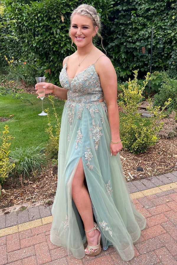 Dusty Sage V Neck Straps Beaded Appliques Keyhole Long Prom Dress with Slit
