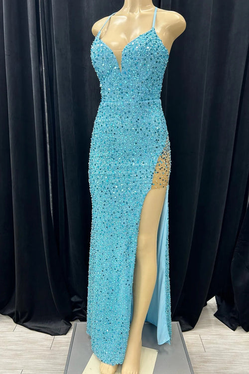 Blue Mermaid Sequins Deep V Neck Lace-Up Back Long Prom Dress with Slit