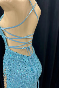 Blue Mermaid Sequins Deep V Neck Lace-Up Back Long Prom Dress with Slit