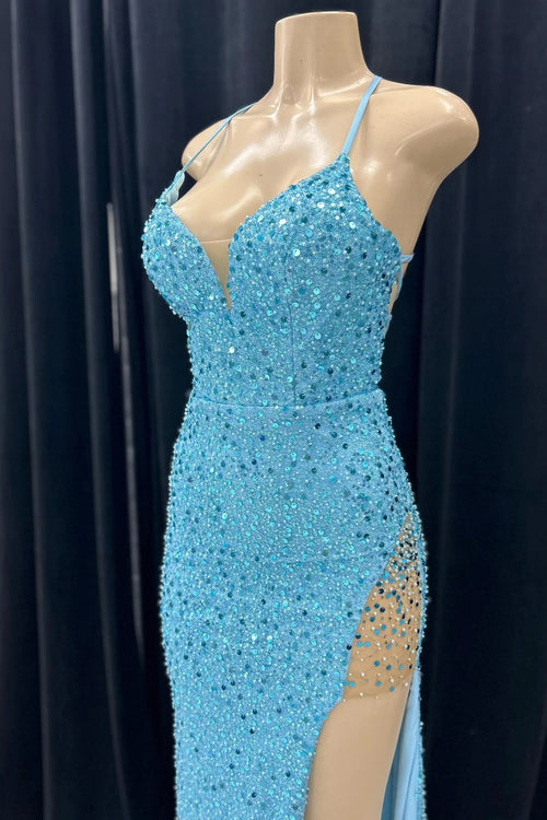 Blue Mermaid Sequins Deep V Neck Lace-Up Back Long Prom Dress with Slit