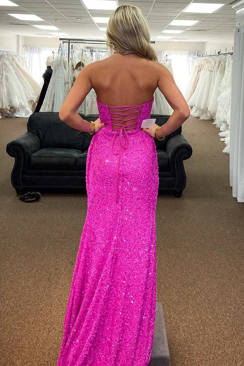 Fuchsia Mermaid Strapless Sequins Lace-Up Back Long Prom Dress with Slit