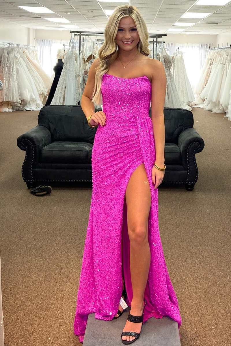 Fuchsia Mermaid Strapless Sequins Lace-Up Back Long Prom Dress with Slit