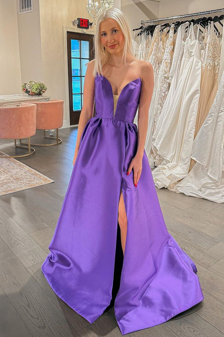 Lavender Strapless Plunging V Neck Satin Long Prom Dress with Slit
