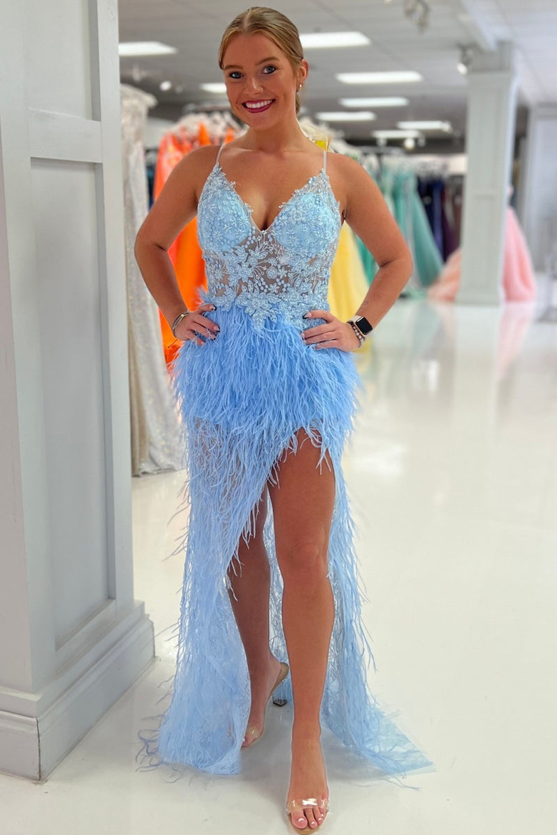 Blue Mermaid Feathers V Neck Straps Beaded Appliques Long Prom Dress with Slit
