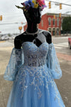 Blue A-line Strapless Puff Long Sleeves Beaded Appliques Long Prom Dress