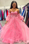 Pink A-line Strapless Puff Long Sleeves Beaded Appliques Long Prom Dress
