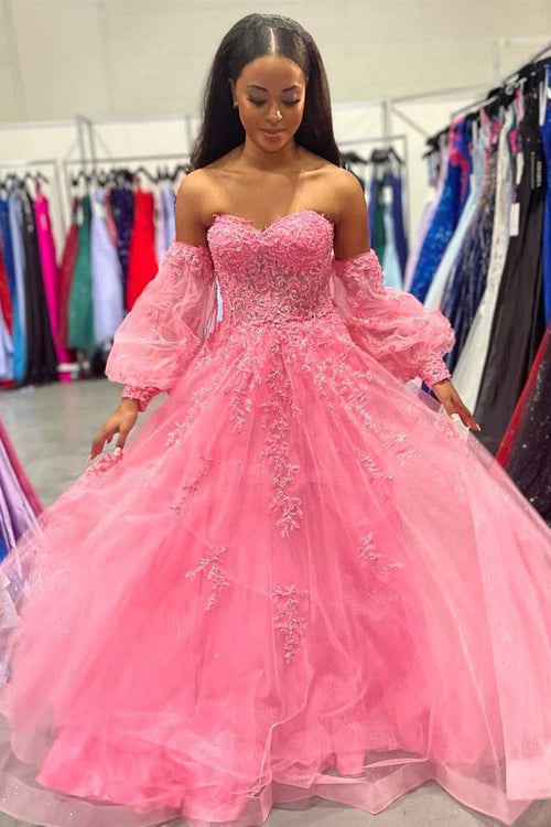 Pink A-line Strapless Puff Long Sleeves Beaded Appliques Long Prom Dress