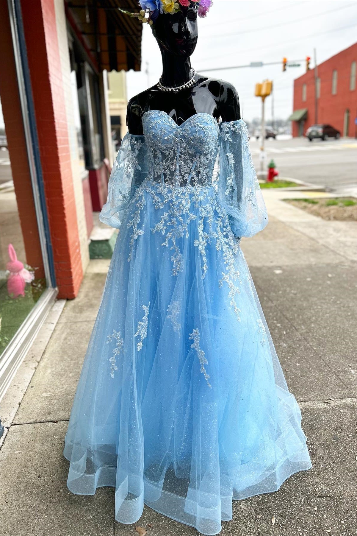 Blue A-line Strapless Puff Long Sleeves Beaded Appliques Long Prom Dress