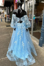 Blue A-line Strapless Puff Long Sleeves Beaded Appliques Long Prom Dress