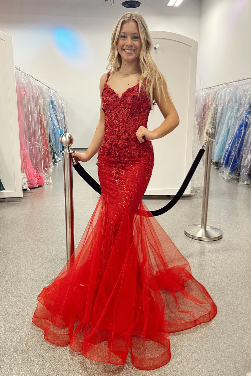 Red Mermaid 3D Flowers Straps V Neck Long Prom Dress