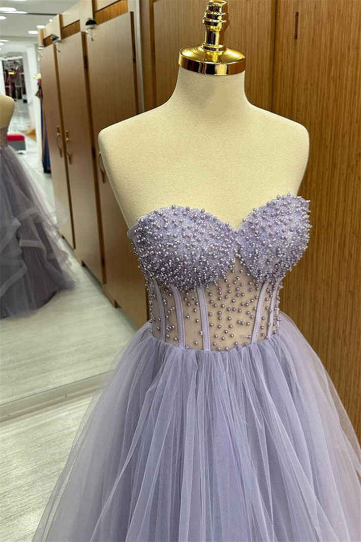 Lilac Strapless Beaded Ruffle-Layers Tulle Long Prom Dress