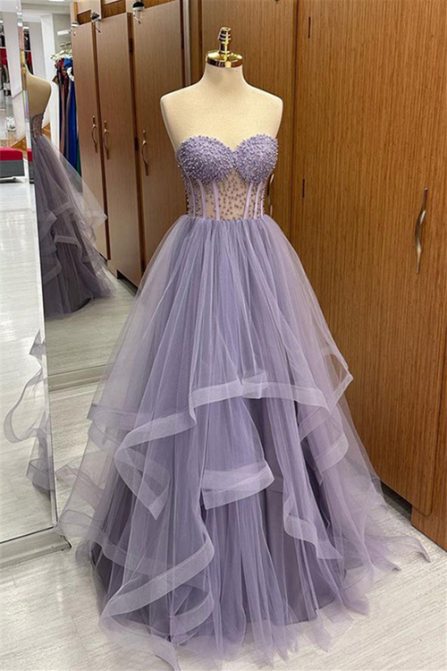 Lilac Strapless Beaded Ruffle-Layers Tulle Long Prom Dress