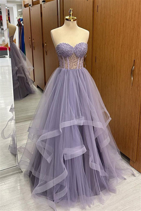 Lilac Strapless Beaded Ruffle-Layers Tulle Long Prom Dress – FancyVestido