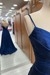 Royal Blue Pleated Straps Cut-Out Satin Long Prom Dress