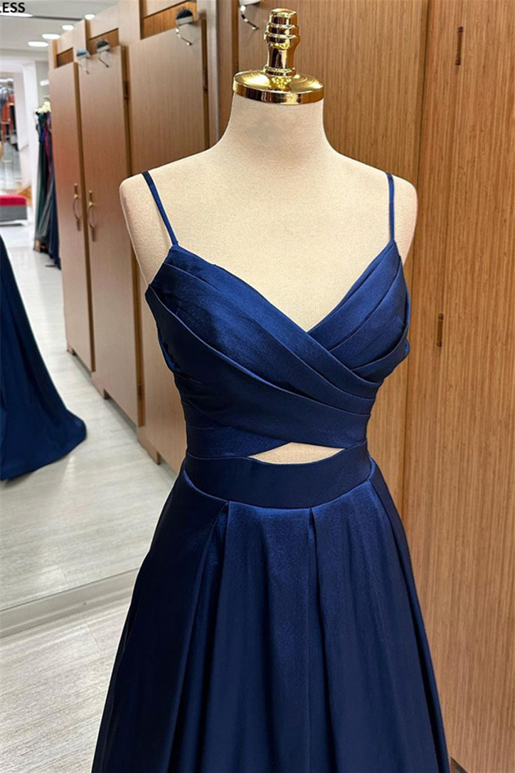 Royal Blue Pleated Straps Cut-Out Satin Long Prom Dress