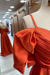 Rust Orange Off-the-Shoulder Surplice Straps Satin Long Prom Dress