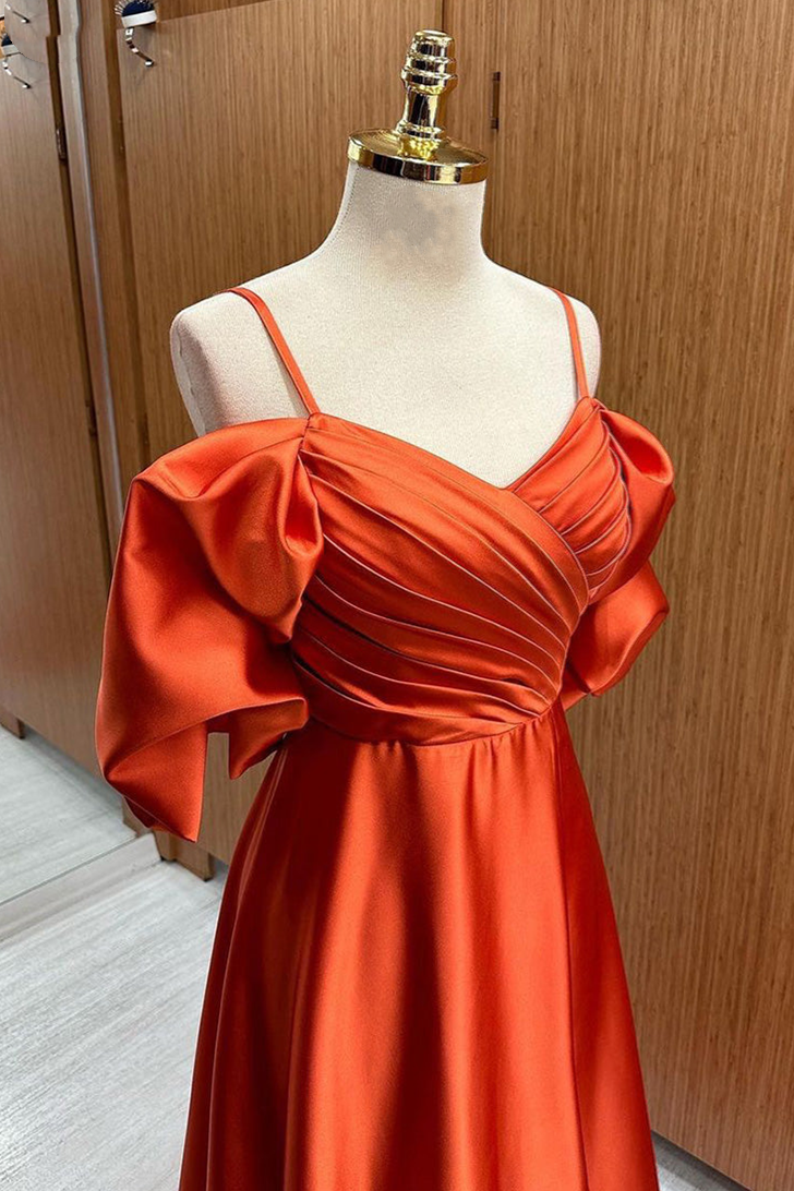 Rust Orange Off-the-Shoulder Surplice Straps Satin Long Prom Dress