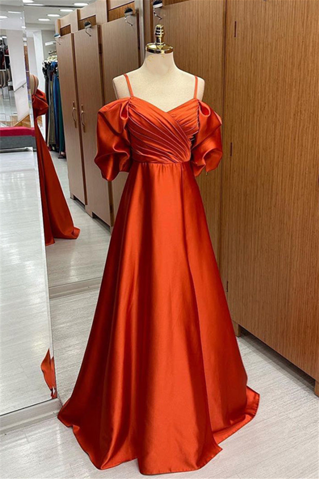 Rust Orange Off-the-Shoulder Surplice Straps Satin Long Prom Dress