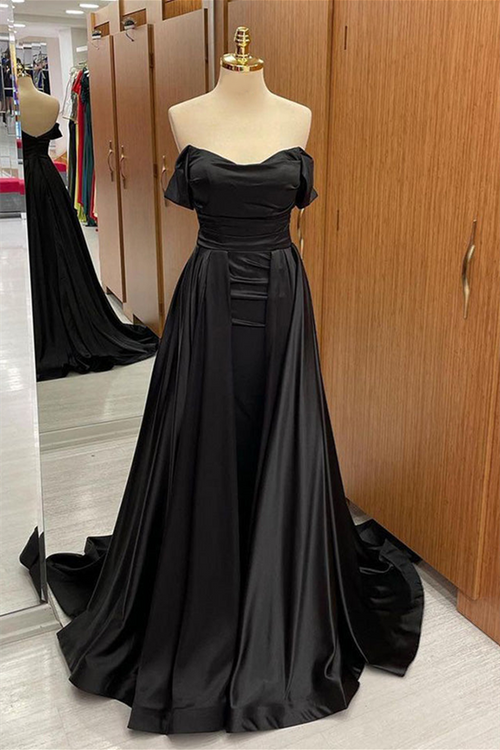 Black Off-the-Shoulder Cowl Neck Long Prom Dress